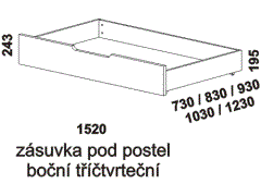 Zásuvka pod postel Enya z masivu, tříčtvrteční – rozměrový nákres. Provedení: masivní buk, dub. Praktický úložný prostor. Česká výroba.