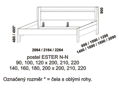 Postel Ester – rozměrový nákres. Obě čela nízká. Provedení: LTD. Více barevných odstínů. Na výběr jsou rovné nebo zaoblené hrany čel postele.