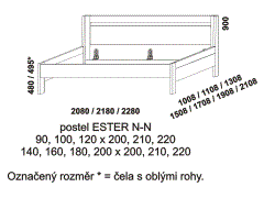 Postel Ester – rozměrový nákres. Obě čela nízká. Provedení: masivní dub, buk. Více barevných odstínů. Na výběr jsou rovné nebo zaoblené hrany čel postele.