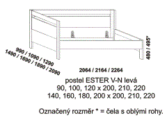 Postel Ester – rozměrový nákres. Levé čelo vysoké. Provedení: LTD. Více barevných odstínů. Na výběr jsou rovné nebo zaoblené hrany čel postele.