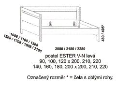 Postel Ester – rozměrový nákres. Levé čelo vysoké. Provedení: masivní buk, dub. Více barevných odstínů. Na výběr jsou rovné nebo zaoblené hrany čel postele.
