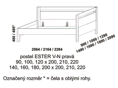 Postel Ester - rozměrový nákres. Pravé čelo vysoké. Provedení: LTD. Více barevných odstínů. Na výběr jsou rovné nebo zaoblené hrany čel postele.