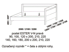 Postel Ester – rozměrový nákres. Pravé čelo vysoké. Provedení: masivní buk, dub. Více barevných odstínů. Na výběr jsou rovné nebo zaoblené hrany čel postele.