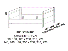 Postel Ester - rozměrový nákres. Obě čela vysoká. Provedení LTD. Více barevných odstínů. Na výběr jsou rovné nebo zaoblené hrany čel postele.