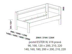 Postel Ester XL, vysoké čelo pravé, lamino, rozměry Postel Ester XL – rozměrový nákres. Pravé čelo vysoké. Provedení: LTD. Více barevných odstínů. Na výběr jsou rovné nebo zaoblené hrany čel postele.