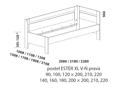 Postel Ester XL z masivu, vysoké čelo vpravo, buk, dub, rozměry Postel Ester XL – rozměrový nákres. Pravé čelo vysoké. Provedení: masivní buk, dub. Více barevných odstínů. Na výběr jsou rovné nebo zaoblené hra.