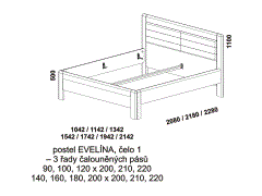 Postel Evelína - rozměrový nákres. Varianta čela 1 - čalouněné pásy, 3 řady. Provedení: masivní buk, dub. Český výrobek. Vysoká kvalita.