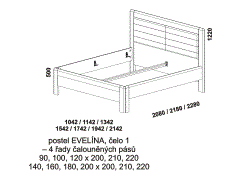 Postel Evelína - rozměrový nákres. Varianta čela 1 - čalouněné pásy, 4 řady. Provedení: masivní buk, dub. Český výrobek. Vysoká kvalita.