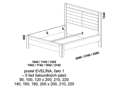 Postel Evelína - rozměrový nákres. Varianta čela 1 - čalouněné pásy, 5 řad. Provedení: masivní buk, dub. Český výrobek. Vysoká kvalita.
