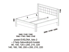 Postel Evelína - rozměrový nákres. Varianta čela 2 - čalouněné kostky, 2 řady. Provedení: masivní buk, dub. Česká kvalitní postel.