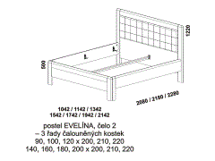 Postel Evelína - rozměrový nákres. Varianta čela 2 - čalouněné kostky, 3 řady. Provedení: masivní buk, dub. Česká kvalitní postel.
