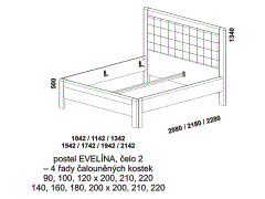 Postel Evelína - rozměrový nákres. Varianta čela 2 - čalouněné kostky, 4 řady. Provedení: masivní buk, dub. Česká kvalitní postel.