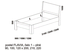 Jednopostel Flavia - rozměrový nákres. Provedení: masivní buk, dub. Moderní postel s plným čelem. Více barevných odstínů. Vysoká kvalita.