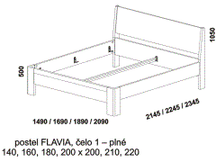 Postel Flavia - rozměrový nákres. Provedení: masivní buk, dub. Moderní postel s plným čelem. Více barevných odstínů. Vysoká kvalita.