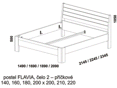 Postel Flavia - rozměrový nákres. Provedení: masivní buk, dub. Moderní postel s příčkovým čelem. Více barevných odstínů. Vysoká kvalita.