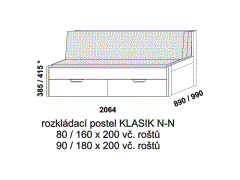 Rozkládací postel Klasik N-N - složená. Rozměrový nákres. Provedení LTD. Do postelí lze použít systém matrací sedák a opěrák nebo 3-dílnou matraci.