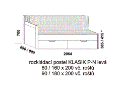 Rozkládací postel Klasik P-N levá - složená. Rozměrový nákres. Provedení LTD. Do postelí lze použít systém matrací sedák a opěrák nebo 3-dílnou matraci.