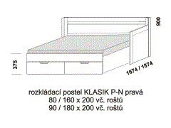 Rozkládací postel Klasik P-N pravá - rozložená. Rozměrový nákres. Provedení LTD. Do postelí lze použít systém matrací sedák a opěrák nebo 3-dílnou matraci.