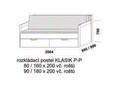 Rozkládací postel Klasik P-P - složená. Rozměrový nákres. Provedení LTD. Do postelí lze použít systém matrací sedák a opěrák nebo 3-dílnou matraci.