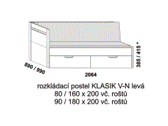 Rozkládací postel Klasik V-N levá - složená. Rozměrový nákres. Provedení LTD. Do postelí lze použít systém matrací sedák a opěrák nebo 3-dílnou matraci.