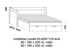 Rozkládací postel Klasik V-N levá - rozložená. Rozměrový nákres. Provedení LTD. Do postelí lze použít systém matrací sedák a opěrák nebo 3-dílnou matraci.