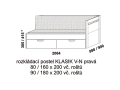 Rozkládací postel Klasik V-N pravá - složená. Rozměrový nákres. Provedení LTD. Do postelí lze použít systém matrací sedák a opěrák nebo 3-dílnou matraci.