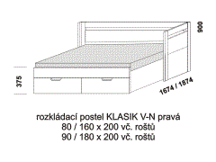 Rozkládací postel Klasik V-N pravá - rozložená. Rozměrový nákres. Provedení LTD. Do postelí lze použít systém matrací sedák a opěrák nebo 3-dílnou matraci.