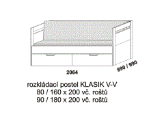 Rozkládací postel Klasik V-V - složená. Rozměrový nákres. Provedení LTD. Do postelí lze použít systém matrací sedák a opěrák nebo 3-dílnou matraci.