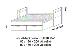 Rozkládací postel Klasik V-V - rozložená. Rozměrový nákres. Provedení LTD. Do postelí lze použít systém matrací sedák a opěrák nebo 3-dílnou matraci.