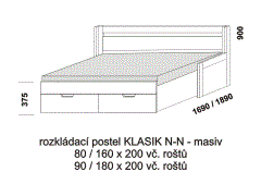 Rozkládací postel Klasik N-N z masivu - rozložená. Rozměrový nákres. Do postelí lze použít systém matrací sedák a opěrák nebo 3-dílnou matraci.