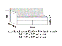 Rozkládací postel Klasik P-N levá z masivu - složená. Rozměrový nákres. Do postelí lze použít systém matrací sedák a opěrák nebo 3-dílnou matraci.