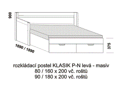 Rozkládací postel Klasik P-N levá z masivu - rozložená. Rozměrový nákres. Do postelí lze použít systém matrací sedák a opěrák nebo 3-dílnou matraci.
