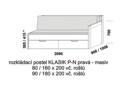 Rozkládací postel Klasik P-N pravá z masivu - složená. Rozměrový nákres. Do postelí lze použít systém matrací sedák a opěrák nebo 3-dílnou matraci.