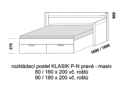 Rozkládací postel Klasik P-N pravá z masivu - rozložená. Rozměrový nákres. Do postelí lze použít systém matrací sedák a opěrák nebo 3-dílnou matraci.