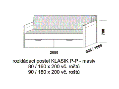 Rozkládací postel Klasik P-P z masivu - složená. Rozměrový nákres. Do postelí lze použít systém matrací sedák a opěrák nebo 3-dílnou matraci.