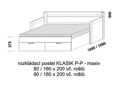 Rozkládací postel Klasik P-P z masivu - rozložená. Rozměrový nákres. Do postelí lze použít systém matrací sedák a opěrák nebo 3-dílnou matraci.