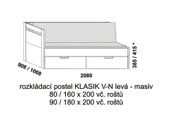 Rozkládací postel Klasik V-N levá z masivu - složená. Rozměrový nákres. Do postelí lze použít systém matrací sedák a opěrák nebo 3-dílnou matraci.