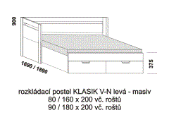 Rozkládací postel Klasik V-N levá z masivu - rozložená. Rozměrový nákres. Do postelí lze použít systém matrací sedák a opěrák nebo 3-dílnou matraci.