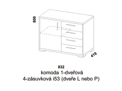 Komoda Libreta 1-dveřová 4-zásuvková, provedení lamino - rozměrový nákres. Více barevných odstínů. Různé druhy úchytek a nohou. Možnost bezúchytkového systému.