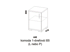 Komoda Libreta 1-dveřová, provedení lamino - rozměrový nákres. Více barevných odstínů. Různé druhy úchytek a nohou. Možnost bezúchytkového systému.