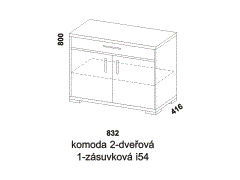 Komoda Libreta 2-dveřová 1-zásuvková, provedení lamino - rozměrový nákres. Více barevných odstínů. Různé druhy úchytek a nohou. Možnost bezúchytkového systému.