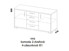 Komoda Libreta 2-dveřová 4-zásuvková, provedení lamino - rozměrový nákres. Více barevných odstínů. Různé druhy úchytek a nohou. Možnost bezúchytkového systému.