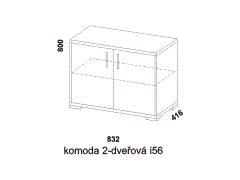 Komoda Libreta 2-dveřová, provedení lamino - rozměrový nákres. Více barevných odstínů. Různé druhy úchytek a nohou. Možnost bezúchytkového systému.