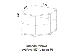 Komoda Libreta rohová 1-dveřová, provedení lamino - rozměrový nákres. Více barevných odstínů. Různé druhy úchytek a nohou. Možnost bezúchytkového systému.