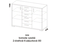 Komoda Libreta vysoká 2-dveřová 6-zásuvková, provedení lamino - rozměrový nákres. Více barevných odstínů. Různé druhy úchytek a nohou. Česká výroba.