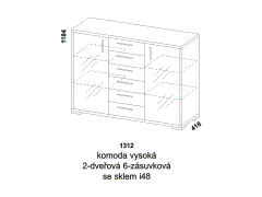 Komoda Libreta vysoká 2-dveřová 6-zásuvková se sklem, provedení lamino - rozměrový nákres. Více barevných odstínů. Různé druhy úchytek a nohou. Česká výroba.