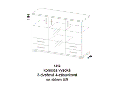 Komoda Libreta vysoká 3-dveřová 4-zásuvková se sklem, provedení lamino - rozměrový nákres. Více barevných odstínů. Různé druhy úchytek a nohou. Česká výroba.