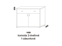 Komoda Line 2-dveřová 1-zásuvková - rozměrový nákres. Provedení LTD. Vhodná do ložnice. Český výrobek. Různé druhy úchytek. Zaoblené rádiusové hrany.