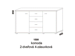 Komoda Line 2-dveřová 4-zásuvková - rozměrový nákres. Provedení LTD. Vhodná do ložnice. Český výrobek. Různé druhy úchytek. Zaoblené rádiusové hrany.