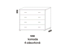 Komoda Line 4-zásuvková - rozměrový nákres. Provedení LTD. Vhodná do ložnice. Český výrobek. Různé druhy úchytek. Zaoblené rádiusové hrany.